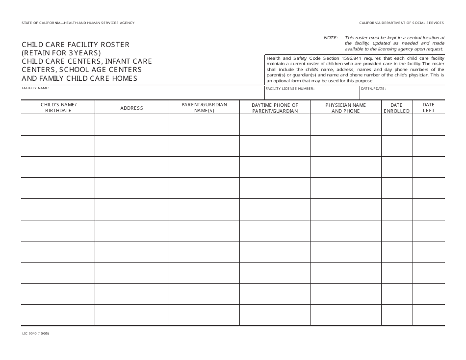 Form LIC9040 Child Care Facility Roster - California, Page 1