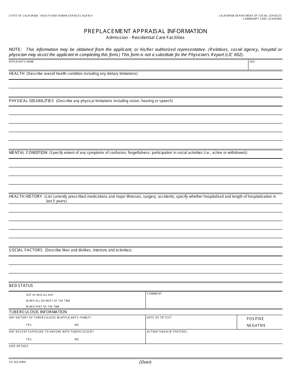 Form LIC603 Preplacement Appraisal Information - California, Page 1