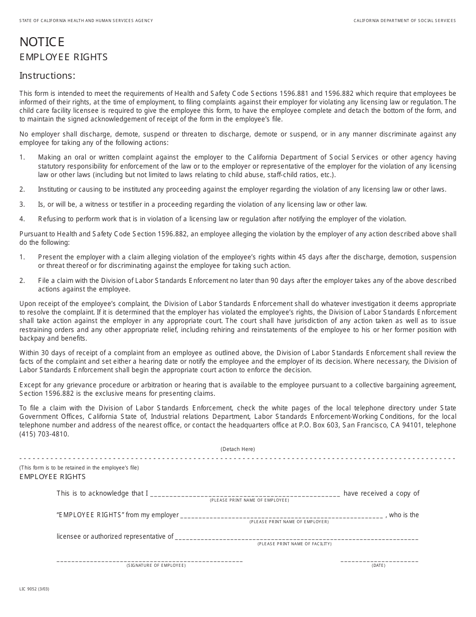 Form LIC9052 Notice Employee Rights - California, Page 1