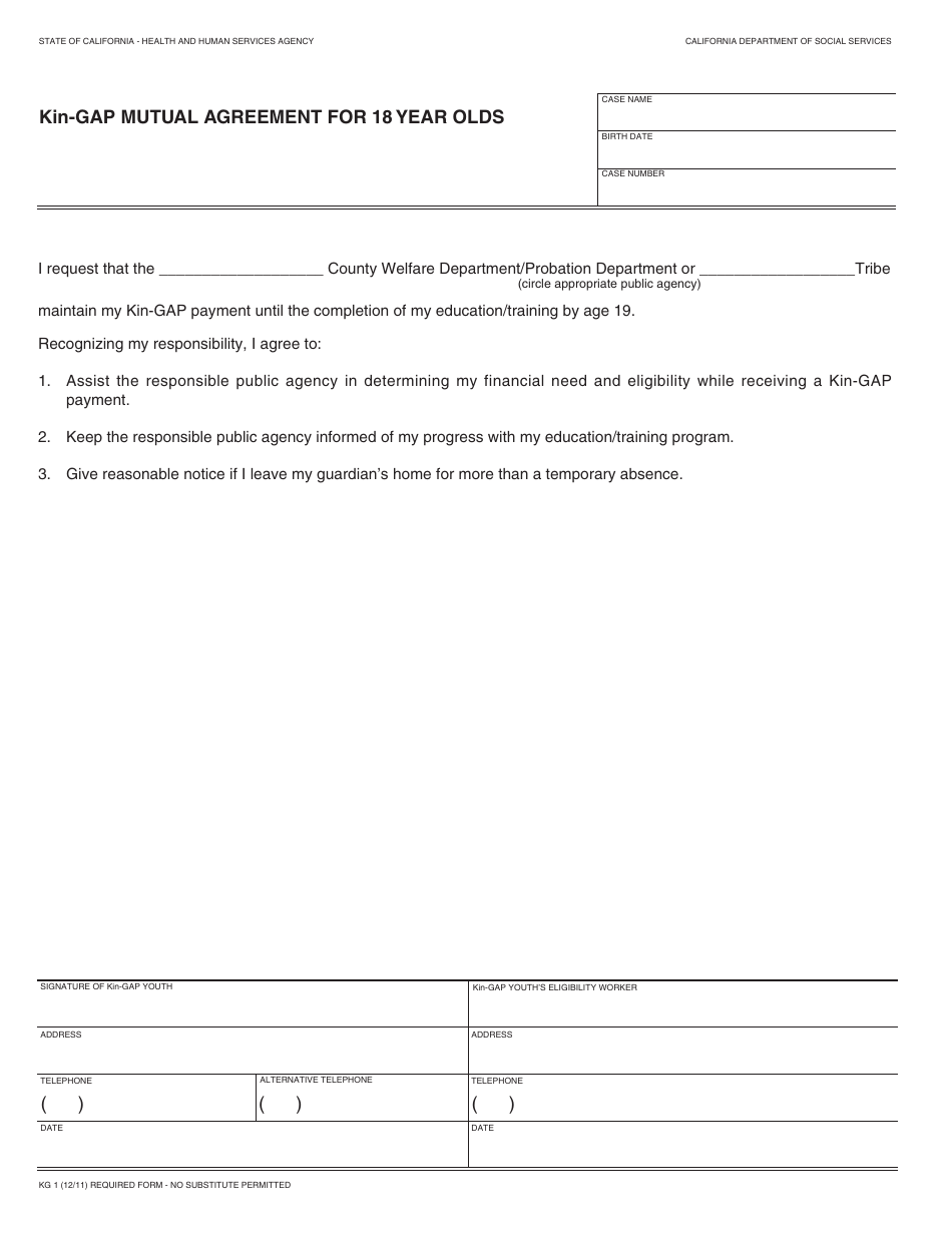 Form KG1 Kin-Gap Mutual Agreement for 18 Year Olds - California, Page 1