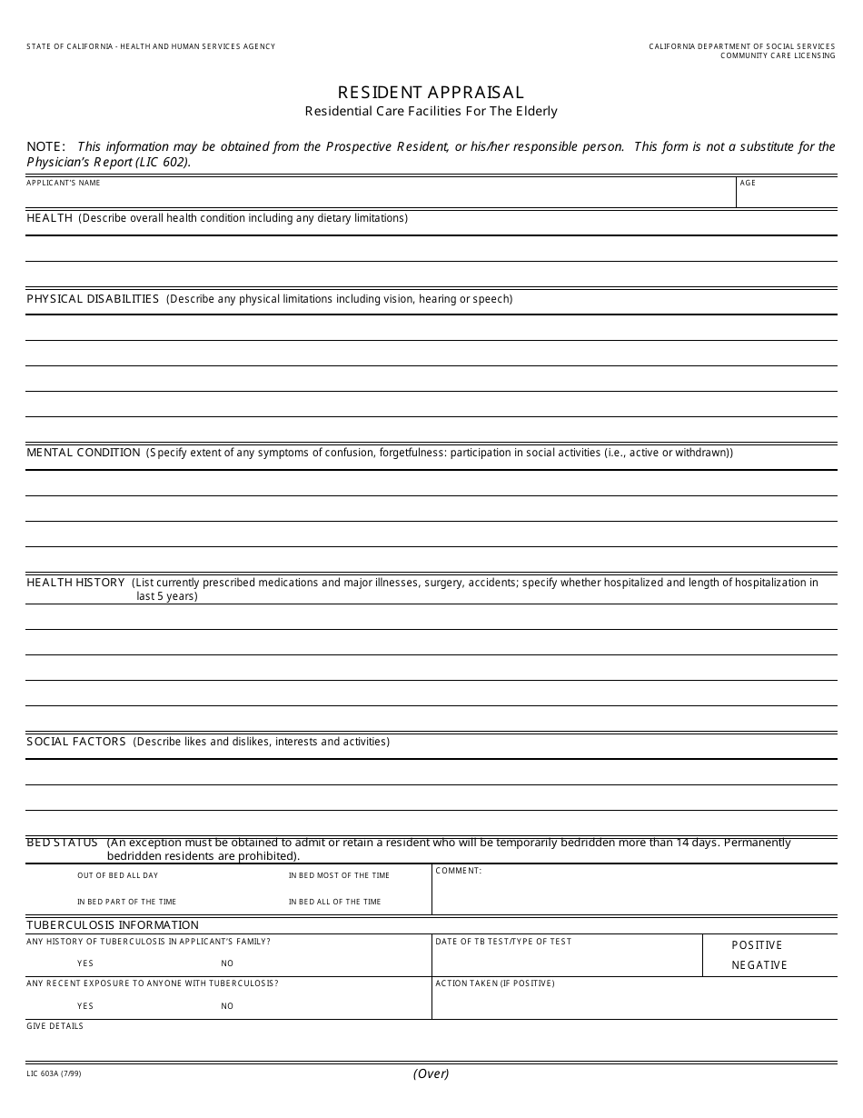 Form LIC603A Resident Appraisal - California, Page 1