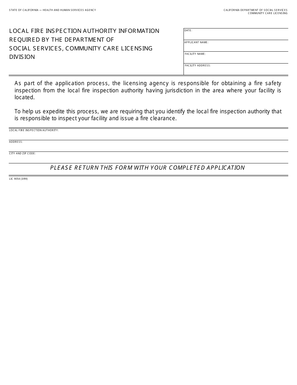 Form LIC9054 Local Fire Inspection Authority Information Required by the Department of Social Services, Community Care Licensing Division - California, Page 1