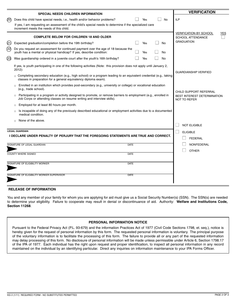 Form KG2 Statement of Facts Supporting Eligibility for Kinship Guardianship Assistance Payment (Kin-Gap) Program - California, Page 2