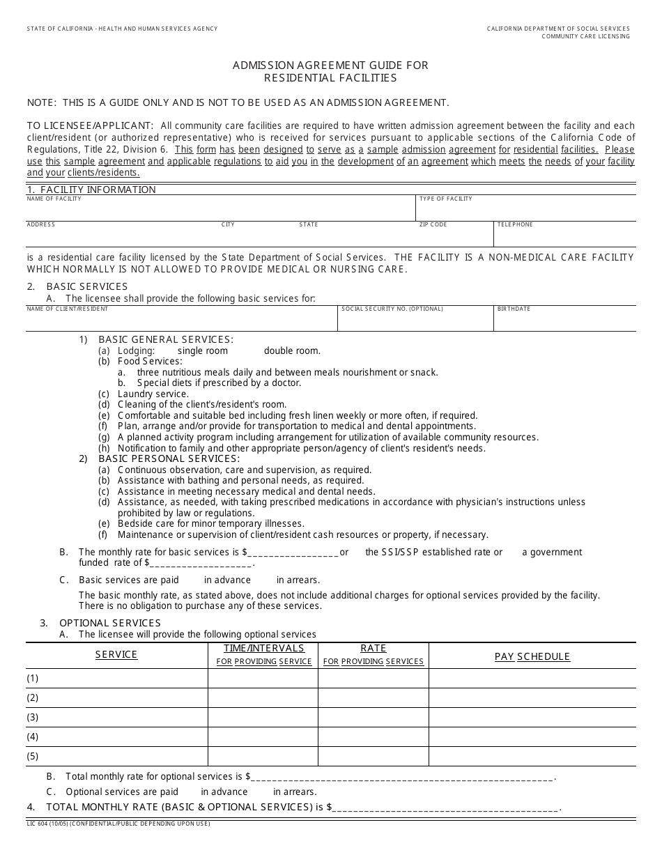 Form LIC604 Admission Agreement Guide for Residential Facilities - California, Page 1