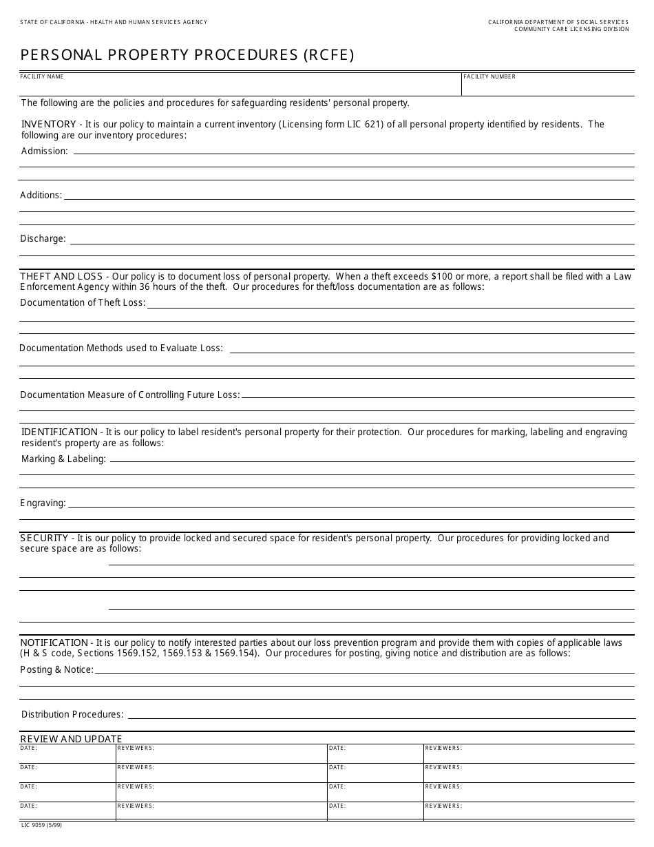 Form LIC9059 Personal Property Procedures (Rcfe) - California, Page 1