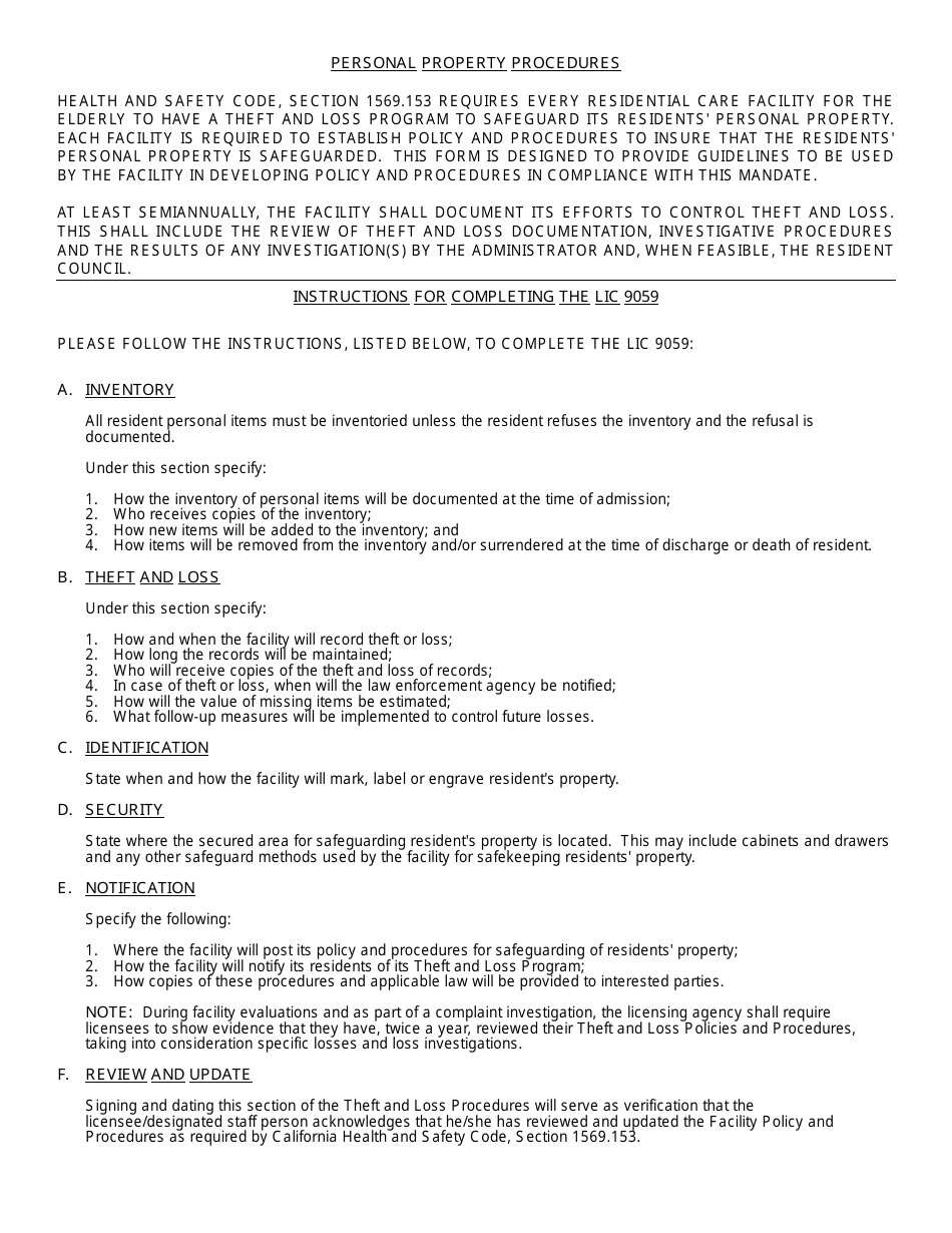 Form LIC9059 Personal Property Procedures (Rcfe) - California, Page 2