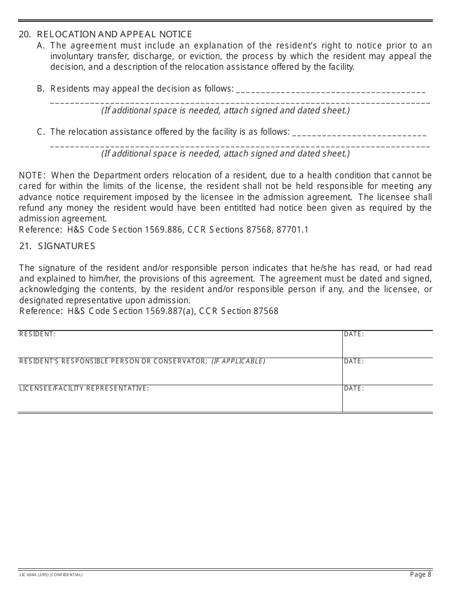 Form LIC604A Admission Agreements for Residential Care Facilities for the Elderly - California, Page 10