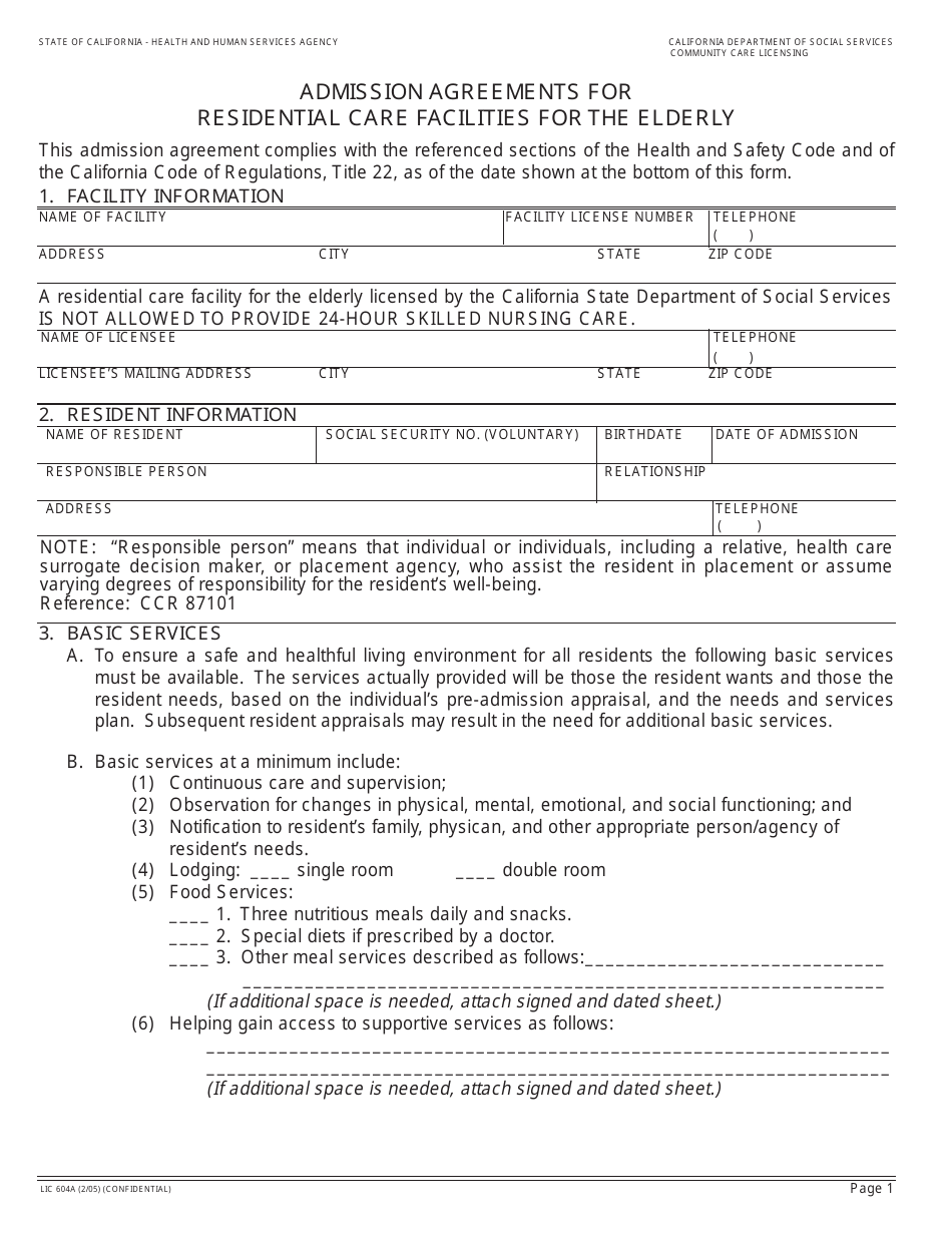 Form LIC604A Admission Agreements for Residential Care Facilities for the Elderly - California, Page 3