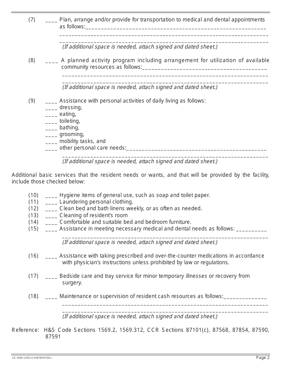 Form LIC604A Admission Agreements for Residential Care Facilities for the Elderly - California, Page 4