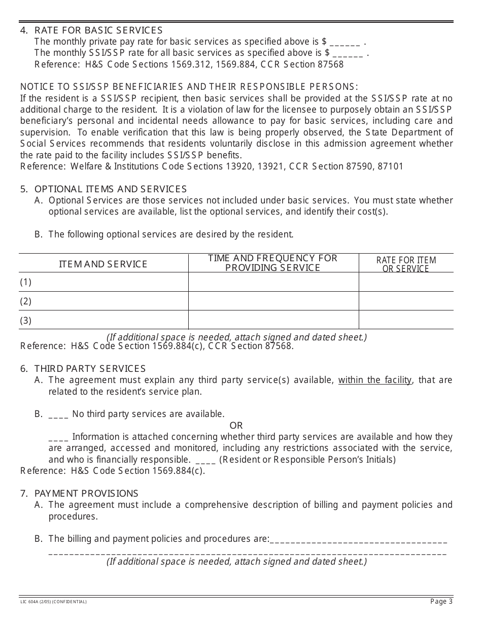 Form LIC604A Admission Agreements for Residential Care Facilities for the Elderly - California, Page 5