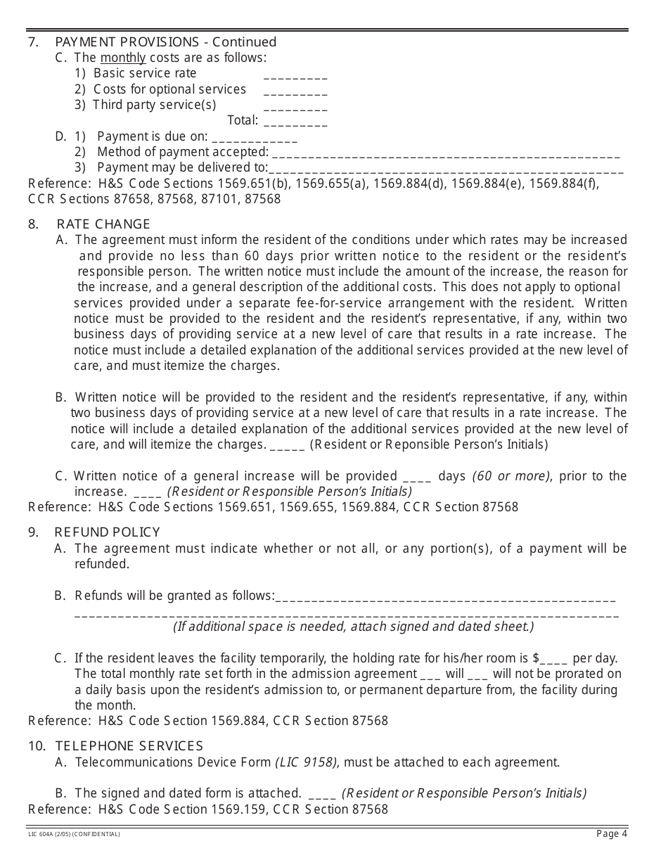 Form LIC604A Admission Agreements for Residential Care Facilities for the Elderly - California, Page 6