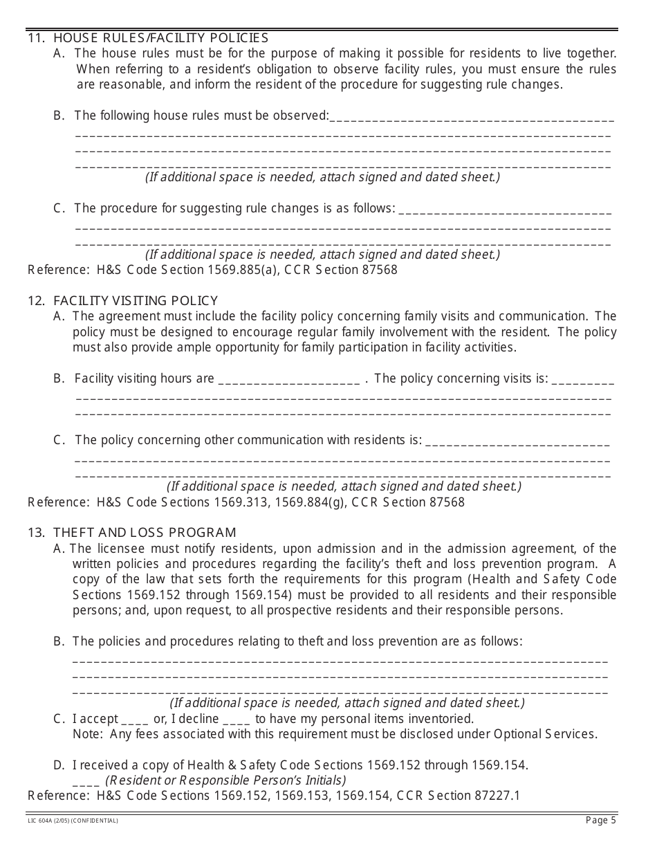 Form LIC604A Admission Agreements for Residential Care Facilities for the Elderly - California, Page 7