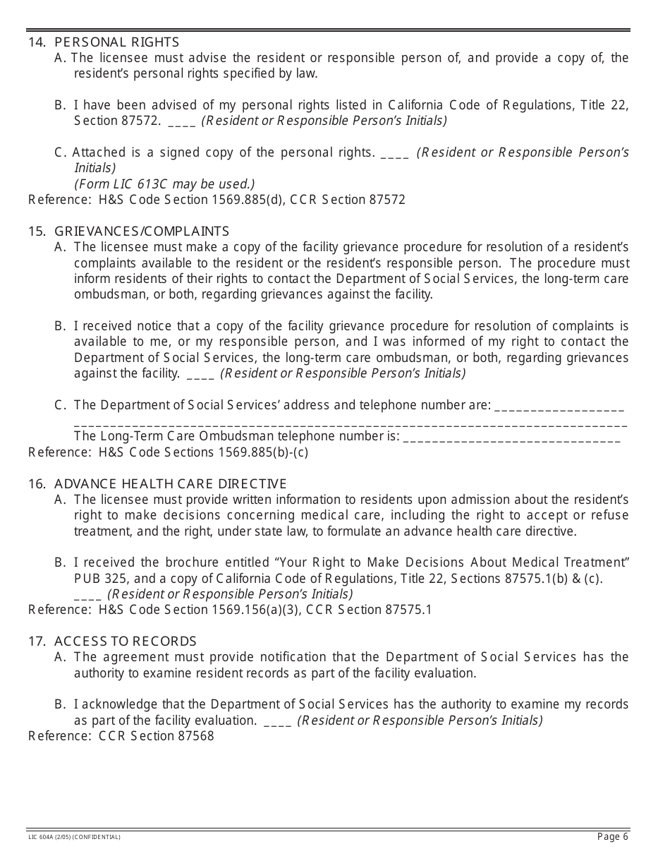Form LIC604A Admission Agreements for Residential Care Facilities for the Elderly - California, Page 8