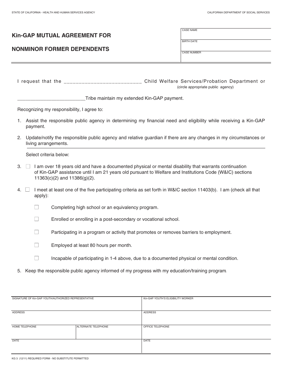 Form KG3 Kin-Gap Mutual Agreement for Nonminor Former Dependents - California, Page 1