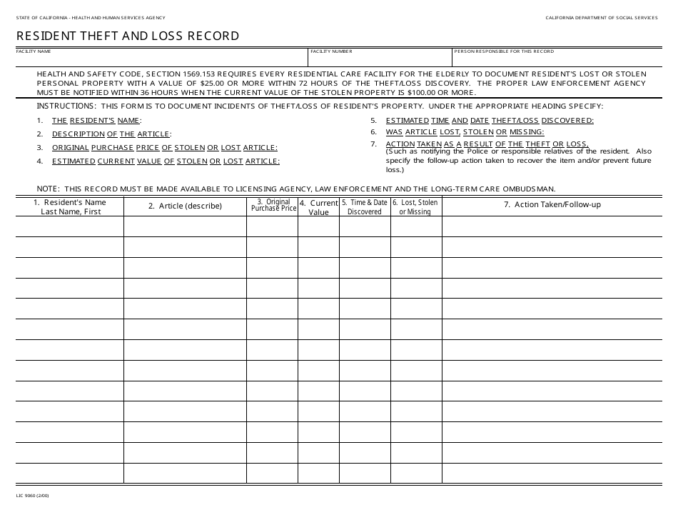 Form LIC9060 Resident Theft and Loss Record - California, Page 1