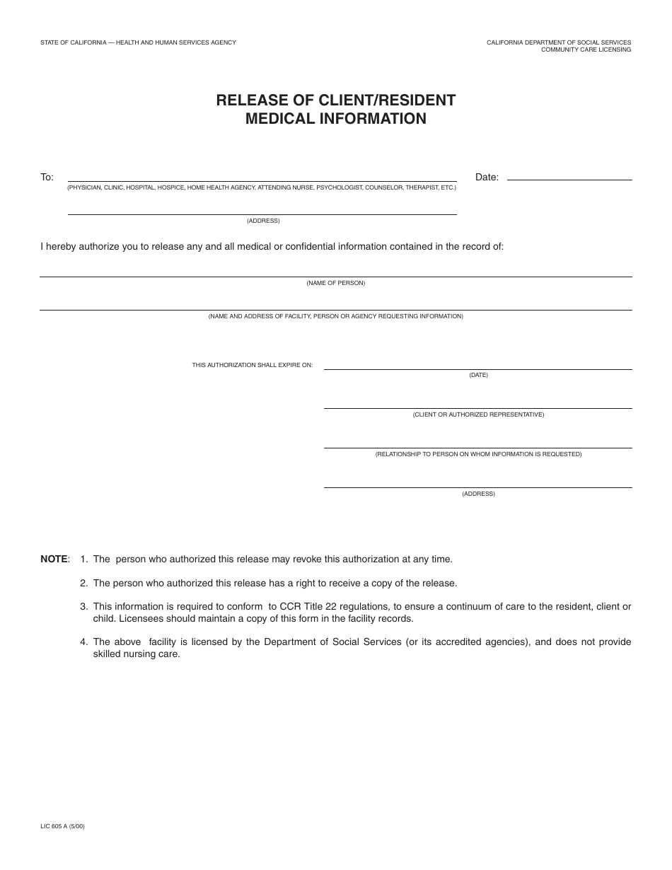 Form LIC605A Release of Client / Resident Medical Information - California, Page 1