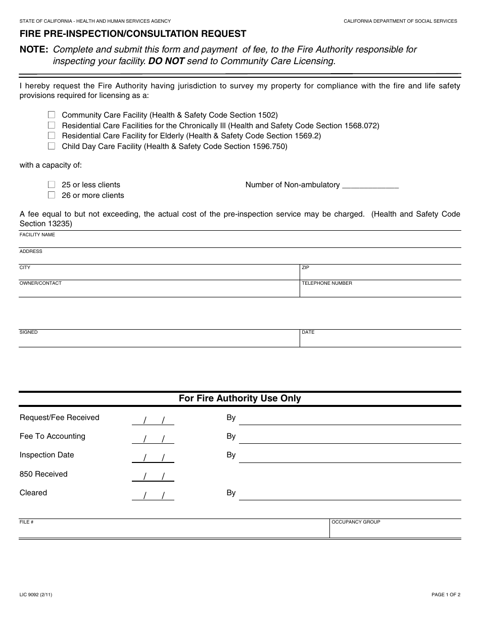 Form LIC9092 Fire Pre-inspection / Consultation Request - California, Page 1