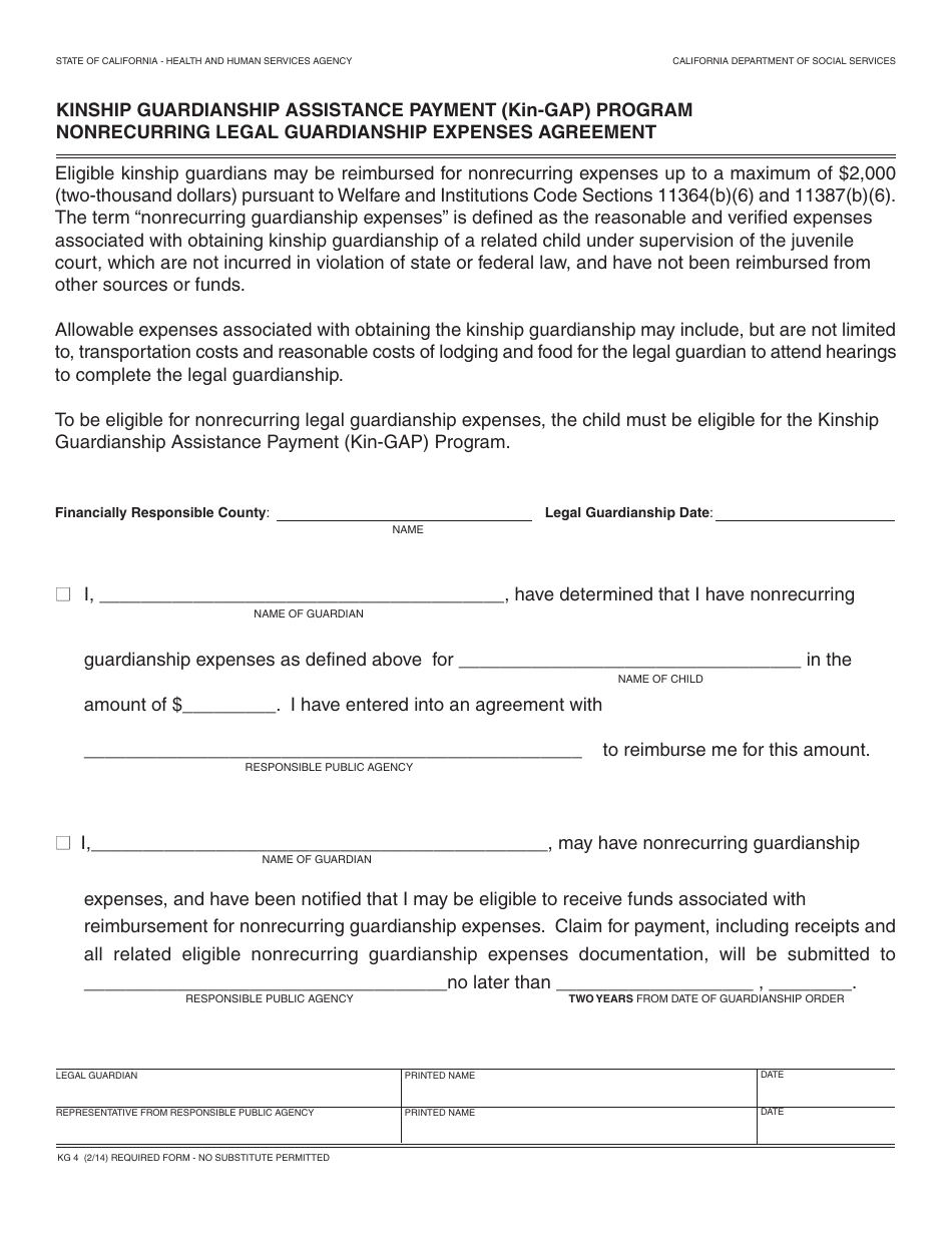 Form KG4 Kinship Guardianship Assistance Payment (Kin-Gap) Program Nonrecurring Legal Guardianship Expenses Agreement - California, Page 1