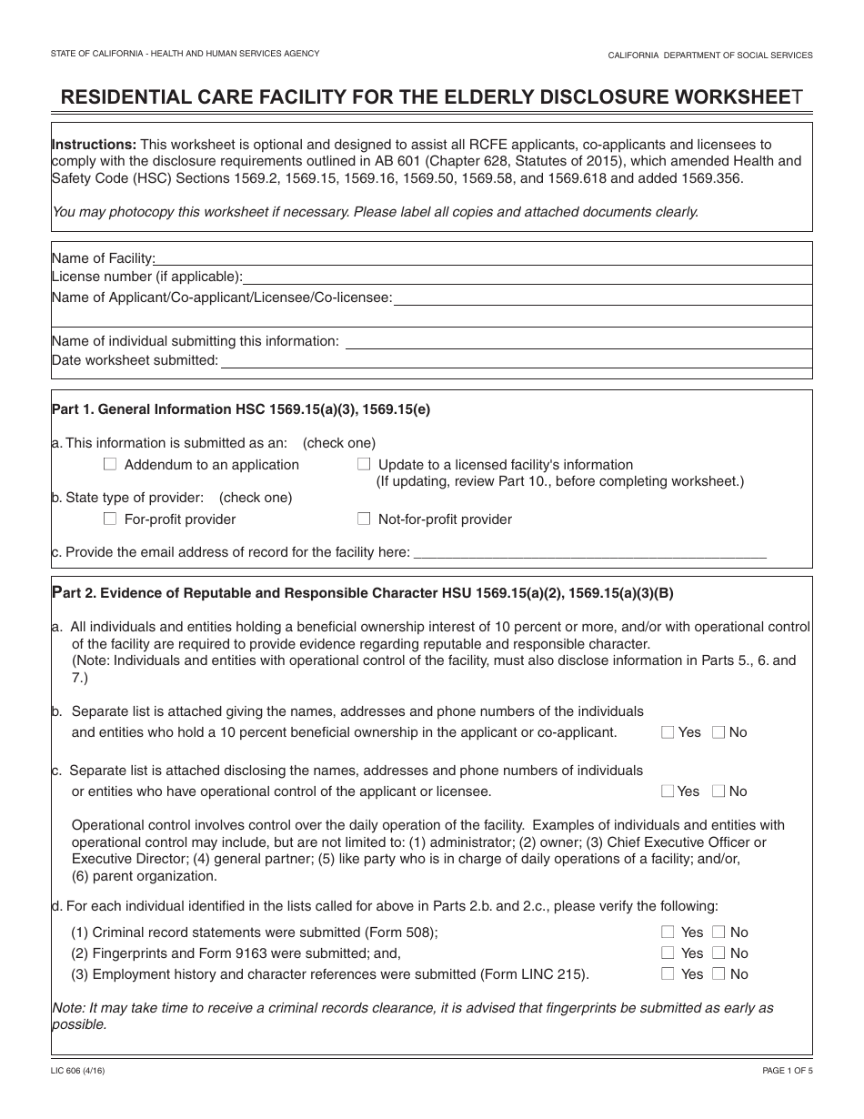 Form LIC606 Residential Care Facility for the Elderly Disclosure Worksheet - California, Page 1