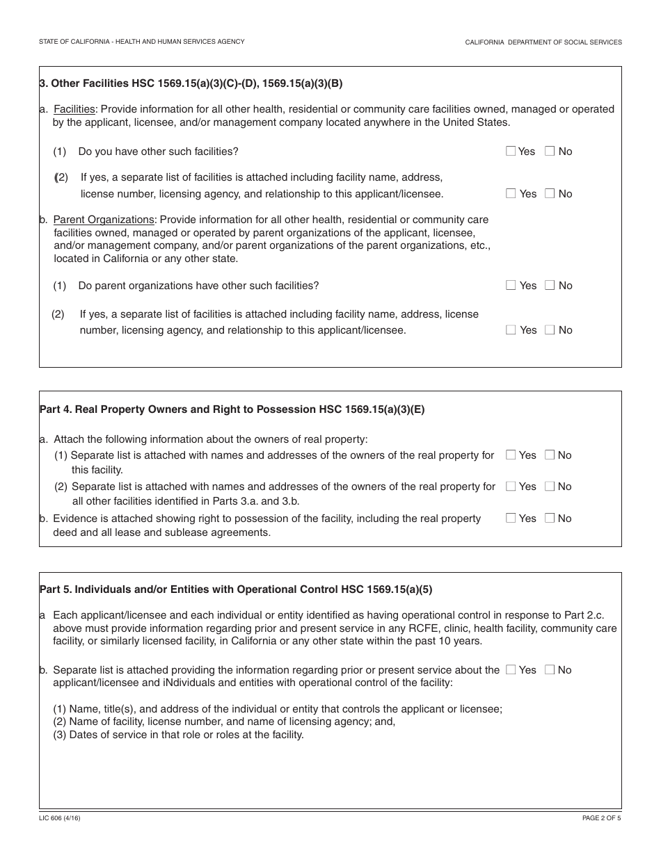 Form LIC606 Residential Care Facility for the Elderly Disclosure Worksheet - California, Page 2