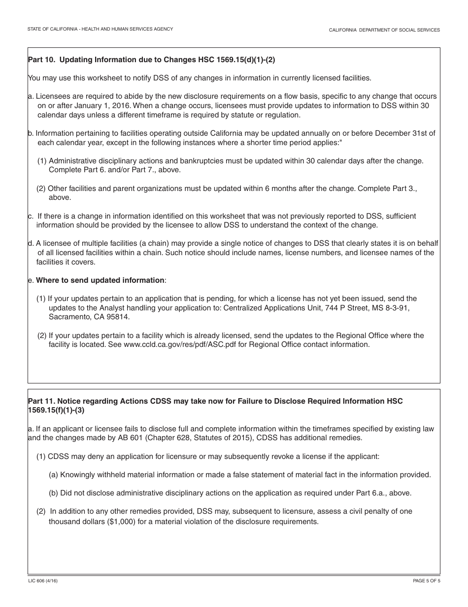 Form LIC606 Residential Care Facility for the Elderly Disclosure Worksheet - California, Page 5