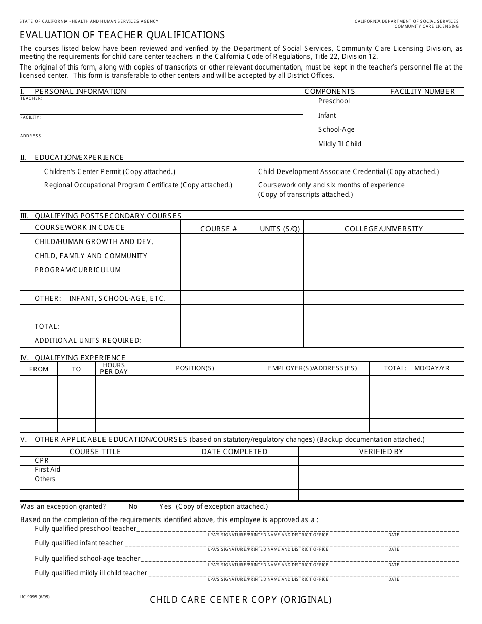 Form LIC9095 Evaluation of Teacher Qualifications - California, Page 1