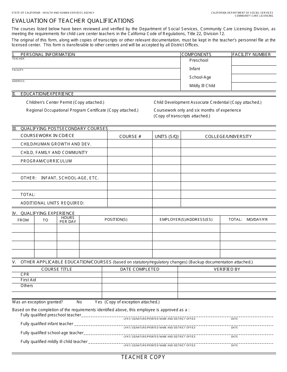 Form LIC9095 Evaluation of Teacher Qualifications - California, Page 3