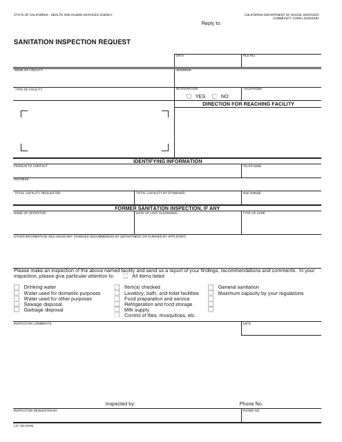 Form LIC102 Sanitation Inspection Request - California
