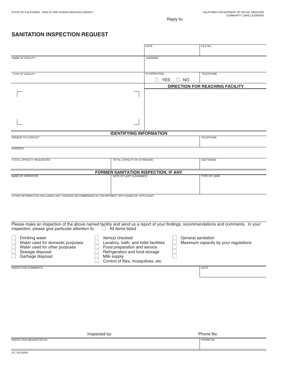Form LIC102 Sanitation Inspection Request - California, Page 1