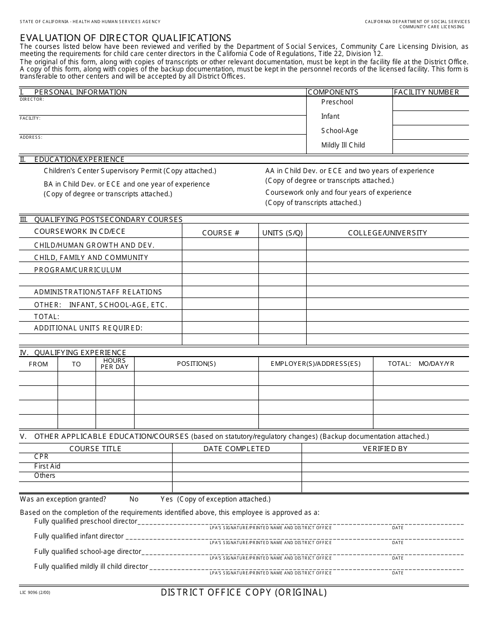 Form LIC9096 Evaluation of Director Qualifications - California, Page 1