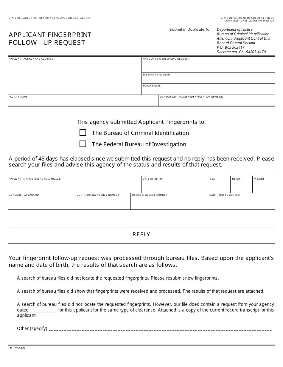 Form LIC107 Applicant Fingerprint Followup Request - California, Page 1