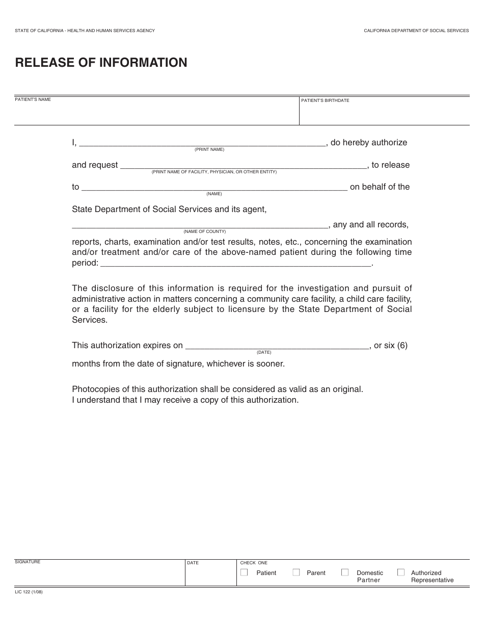 Form LIC122 Release of Information - California, Page 1