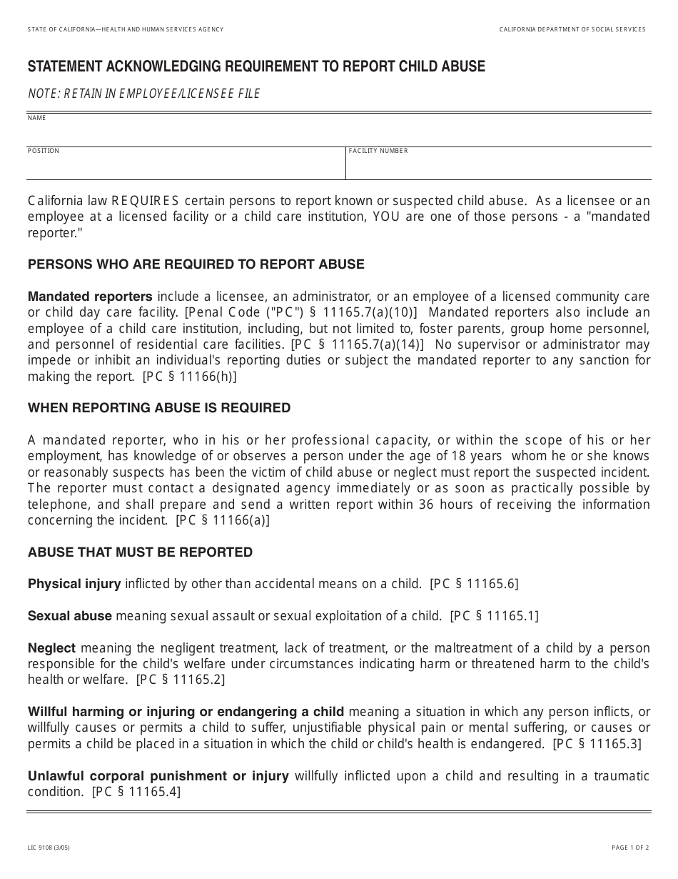 Form Lic9108 Download Fillable Pdf Or Fill Online Statement Acknowledging Requirement To Report Child Abuse California Templateroller