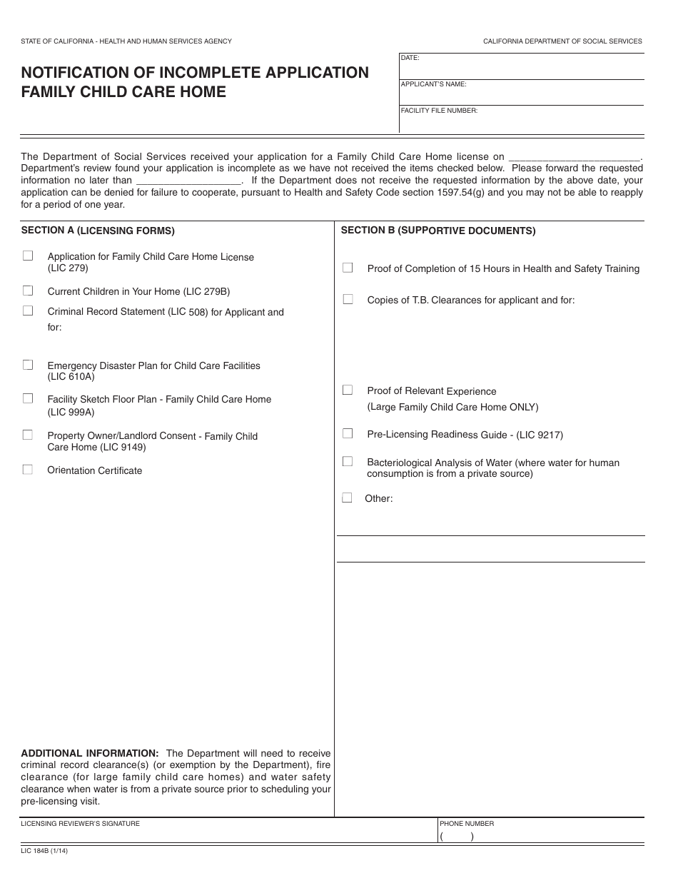 Form LIC184B Notification of Incomplete Applicationfamily Child Care Home - California, Page 1