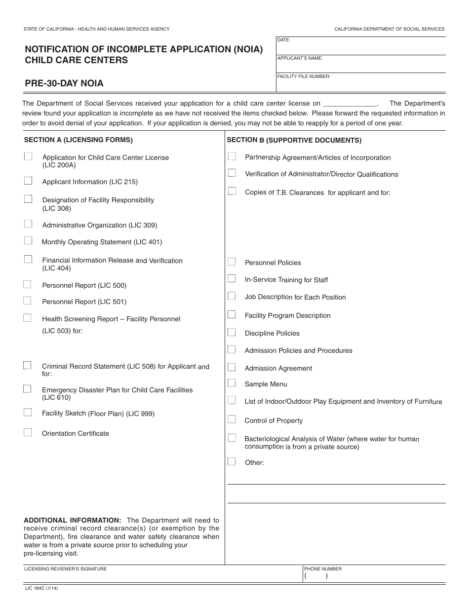 Form LIC184C Notification of Incomplete Application (Noia) Child Care Centers - California, Page 1