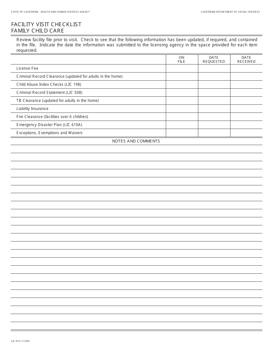 Form LIC9121 Facility Visit Checklistfamily Child Care - California, Page 1