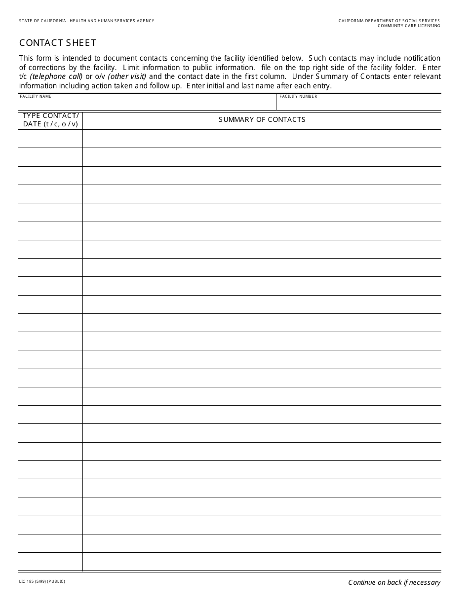 Form LIC185 Contact Sheet - California, Page 1