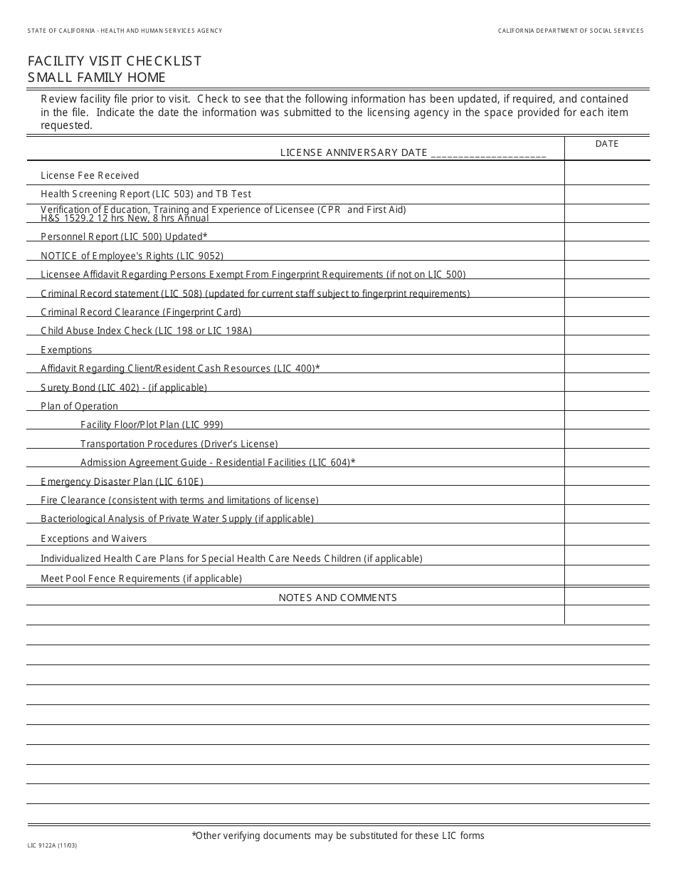 Form LIC9122 Facility Visit Checklistsmall Family Home - California, Page 1