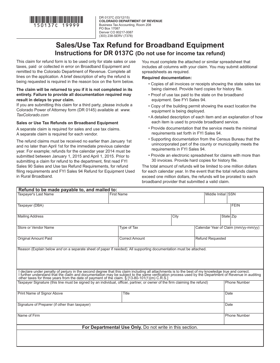 Form DR0137C Sales / Use Tax Refund for Broadband Equipment - Colorado, Page 1
