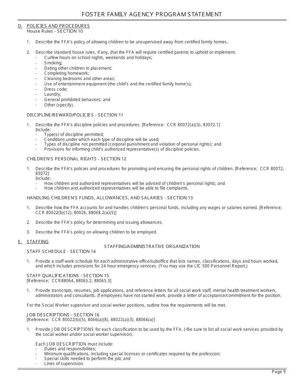 Form LIC9128 Foster Family Agency Program Statement - California, Page 12