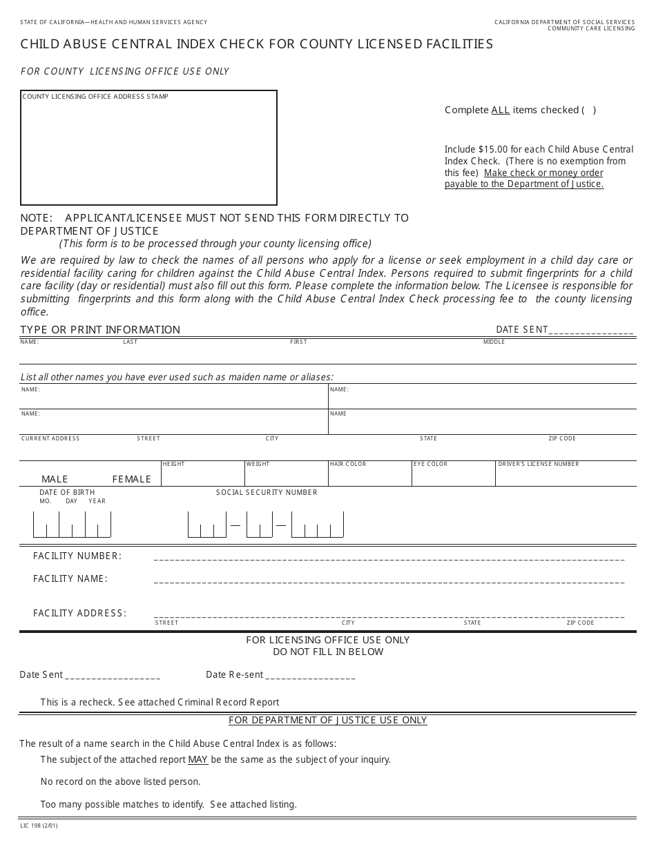 Form LIC198 Child Abuse Central Index Check for County Licensed Facilities - California, Page 1