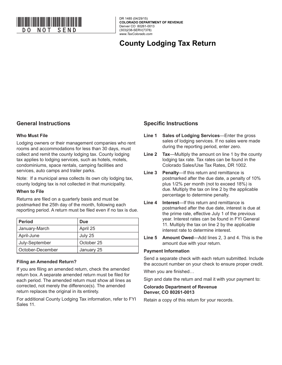 Form DR1485 County Lodging Tax Return - Colorado, Page 1