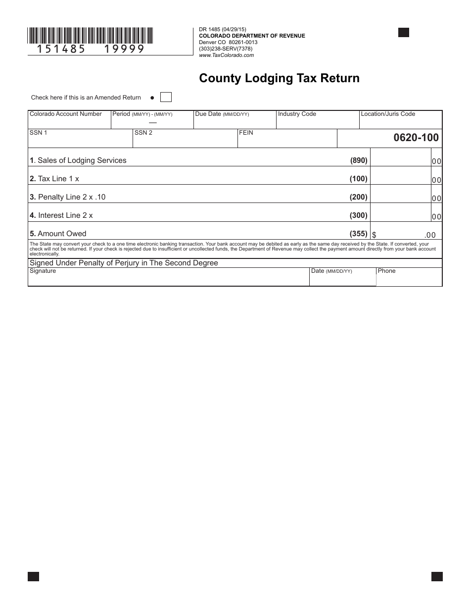 Form DR1485 County Lodging Tax Return - Colorado, Page 2