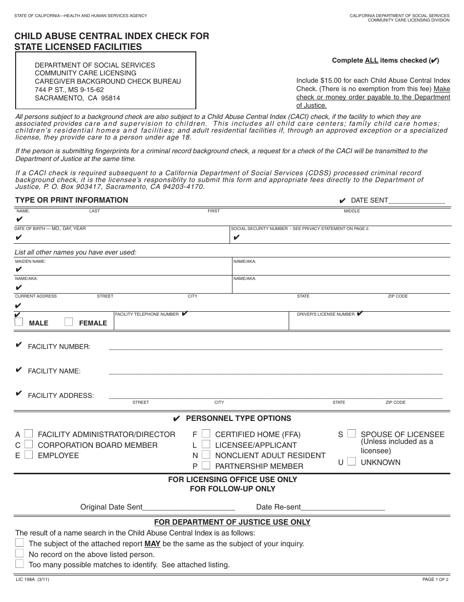 Form LIC198A Child Abuse Central Index Check for State Licensed Facilities - California, Page 1