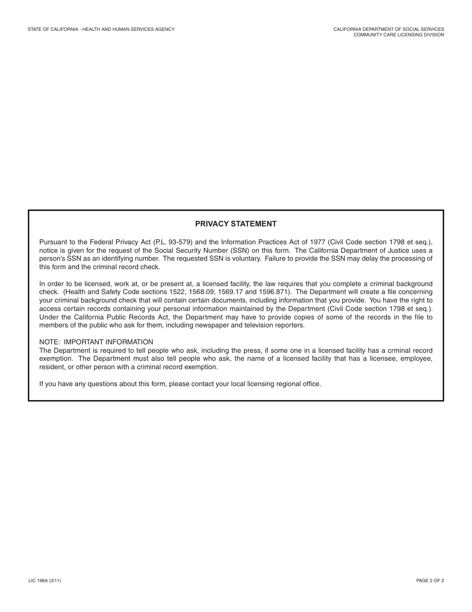 Form LIC198A Child Abuse Central Index Check for State Licensed Facilities - California, Page 2