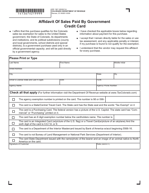 Form DR1367 Affidavit of Sales Paid by Government Credit Card - Colorado