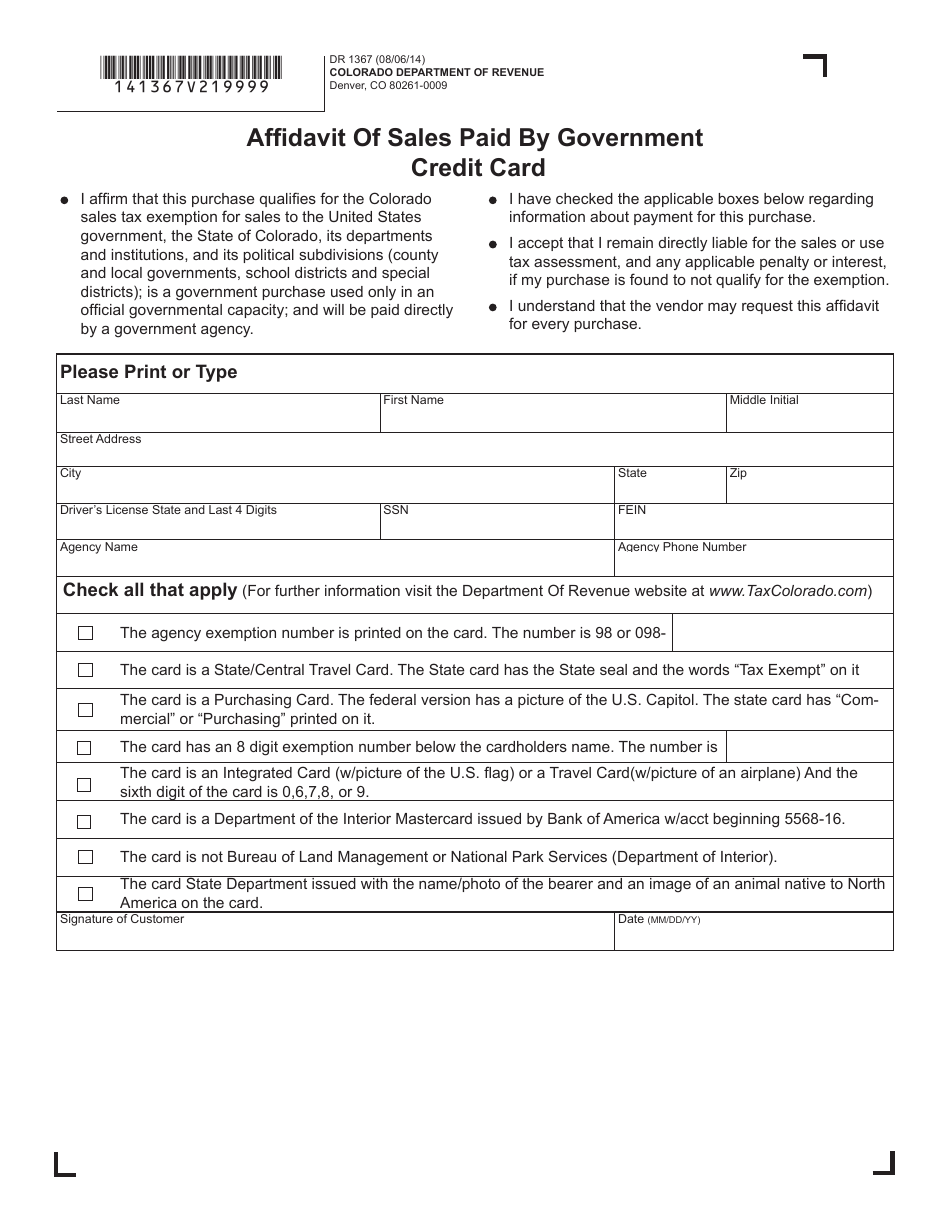 Form DR1367 Affidavit of Sales Paid by Government Credit Card - Colorado, Page 1