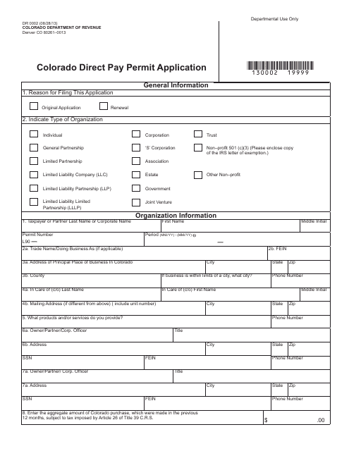 Form DR0002 Colorado Direct Pay Permit Application - Colorado