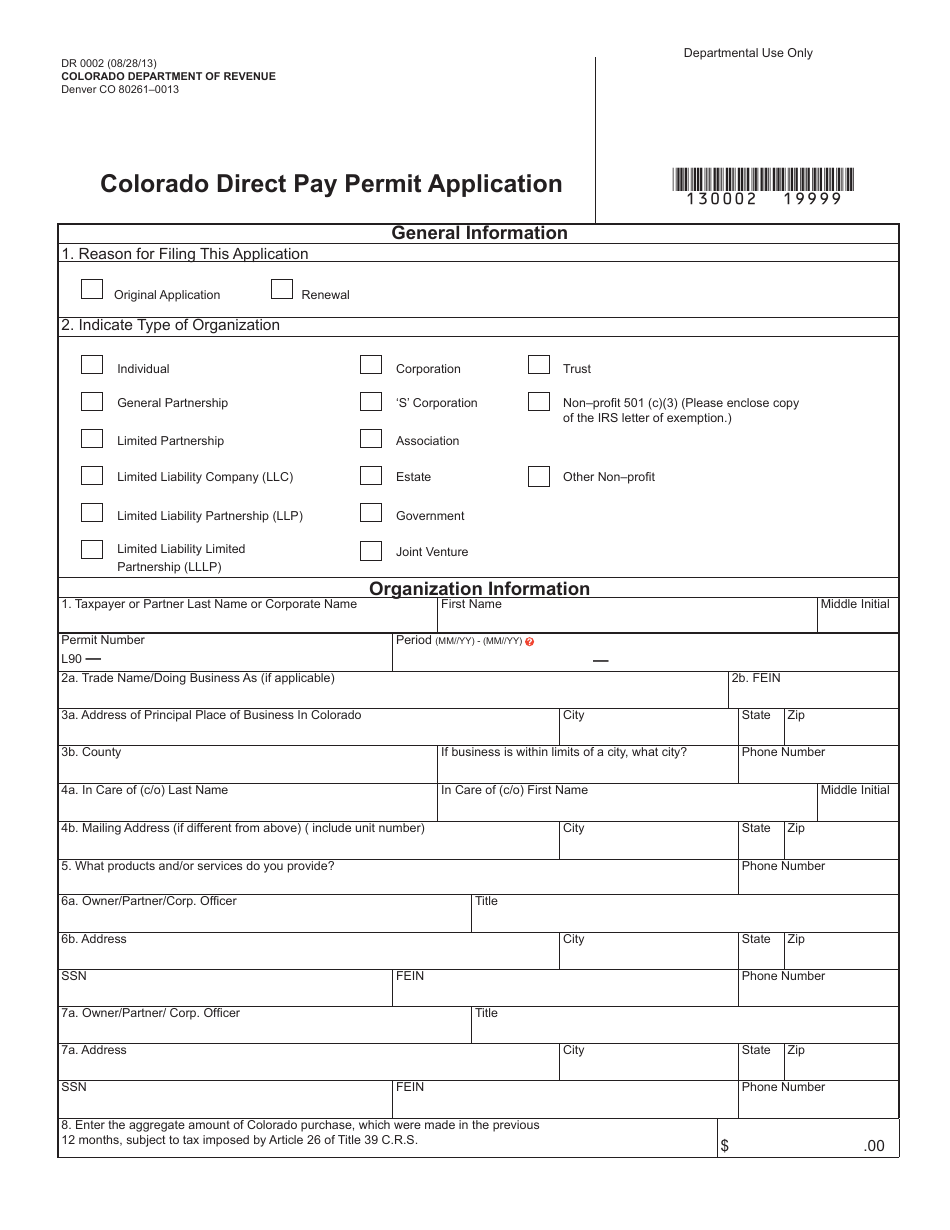 Form DR0002 Colorado Direct Pay Permit Application - Colorado, Page 1