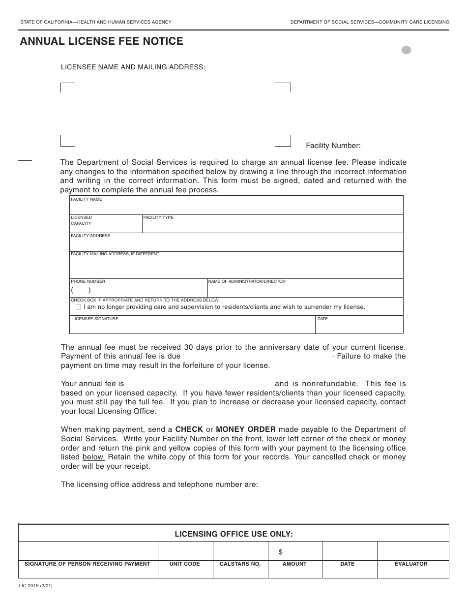Form LIC201F Annual License Fee Notice - California, Page 1